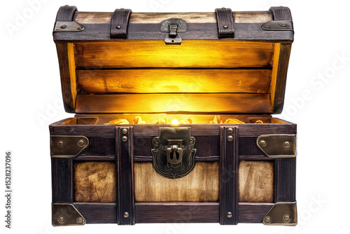Open vintage wooden treasure chest glowing with light, isolated on a white or transparent background — perfect for fantasy, adventure, and game-themed designs.
