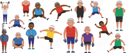 Group of people doing exercise, an old man exercising, a gym activity, Senior people practicing yoga.