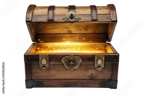 Glowing open vintage wooden treasure chest isolated on a white or transparent background — great for fantasy, games, history, and adventure-themed visuals.