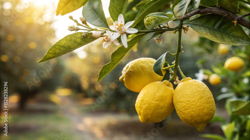Fototapeta Naklejka Na Ścianę i Meble -  Lemon hanging tree with flower in garden, Lemons on tree branch in natural warm sunlight background