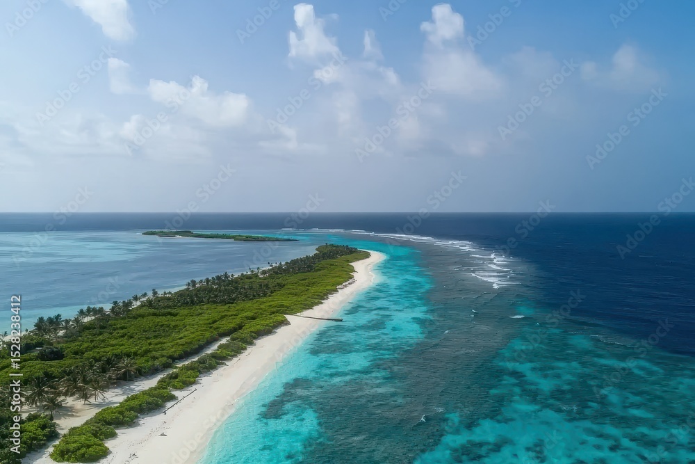 Aerial view of Dhigurah Island showcasing turquoise waters and lush greenery, Aerial drone view of Dhigurah Island surrounded by turquoise water in Maldives Aerial view of Dhigurah Island showcasing turquoise waters and lush greenery, Aerial drone view of Dhigurah Island surrounded by turquoise water in Maldives