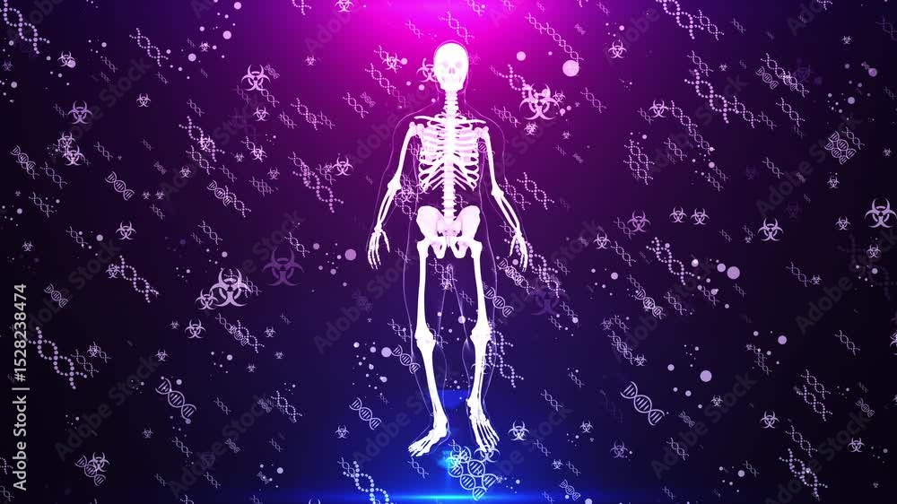 Glowing Skeleton Amidst DNA Strands and Biohazard Symbols on a Purple Gradient Background Glowing Skeleton Amidst DNA Strands and Biohazard Symbols on a Purple Gradient Background