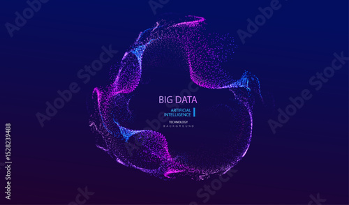 A.I. Technology particles banner. Dots explosion ai big data neon round background. Artificial Intelligence futuristic circles connect design.