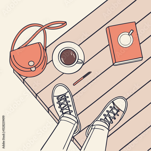 Top view of a coffee cup, book, and stylish bag on a wooden table
