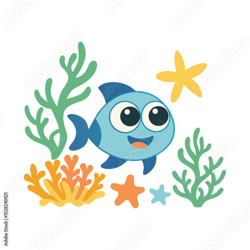 Cheerful Blue Fish With Seaweed & Starfish Flat Design On Transparent Background