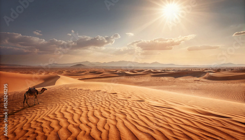 Fototapeta Naklejka Na Ścianę i Meble -  Camel walking in Desert, Sunset over the desert in Saudi Arabia, Desert Landscape