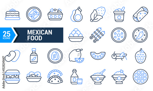 Blue Line Icons Set of 25 Mexican Food Elements.