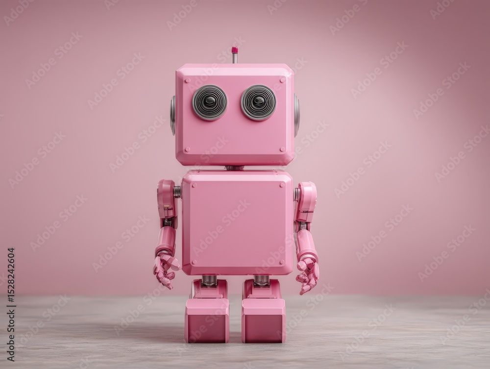 Fototapeta premium A playful pink robot doll stands against a soft pastel backdrop embodying the charm of imaginative design and futuristic aesthetics celebrating creativity and technology