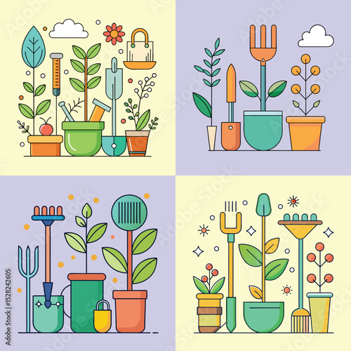 Gardening Tools Illustration Shovel, Rake and Planting Equipment Vector Set