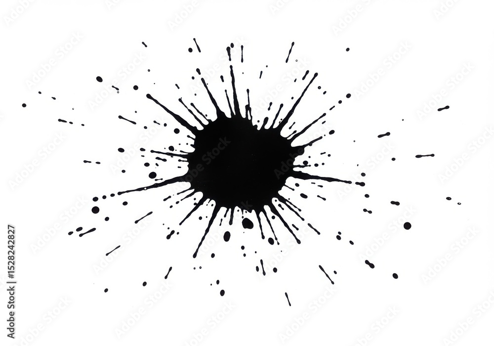 A graphic depiction of an ink blot with splatters on a plain background area A graphic depiction of an ink blot with splatters on a plain background area