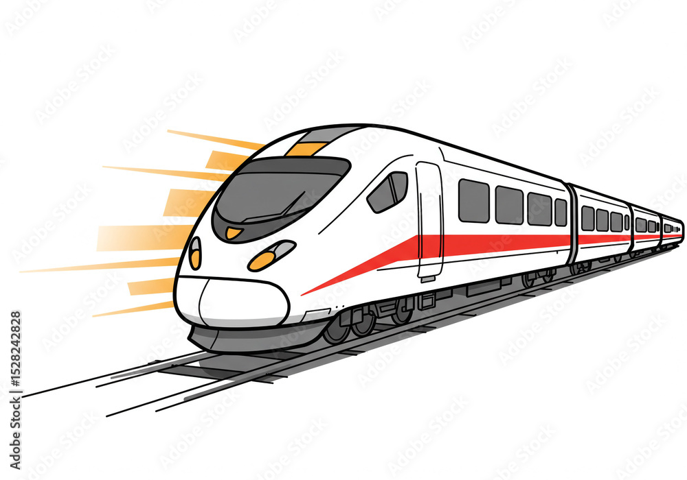 Fototapeta premium Cartoon illustration of a high speed train moving forward on the tracks with speed lines behind it