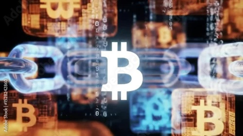 Abstract Blockchain Animation with Glowing Data Blocks and Bitcoin Symbol