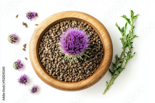 A purple milk thistle flower sits atop a pile of its seeds in a wooden bowl, isolated on white background