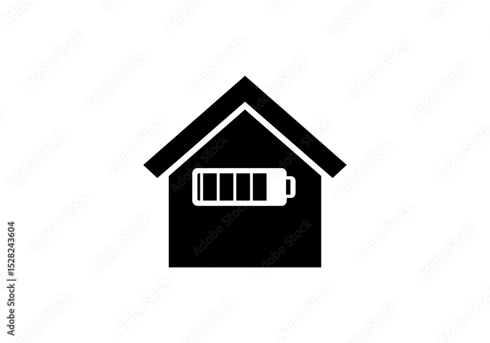 A black house icon with a battery inside representing energy efficient home solutions and power saving schemes A black house icon with a battery inside representing energy efficient home solutions and power saving schemes