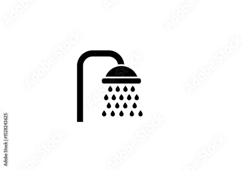 A minimalist black and white illustration of a shower head with water droplets falling down icon