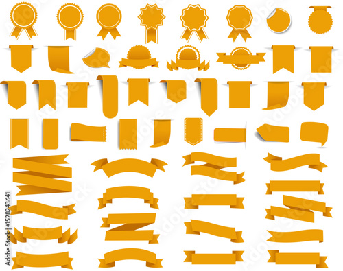 Orange Ribbons Set And Isolated White Background