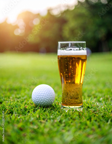 A golf ball and a beer on a golf course, perfect for relaxation and a sunny day