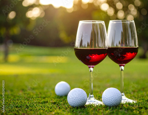 Wine glasses next to golf balls on a green lawn during a sunny day., date night golfing background with space for copy