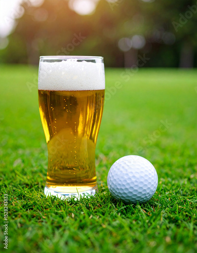 A glass of beer and a golf ball resting on the green grass of a golf course