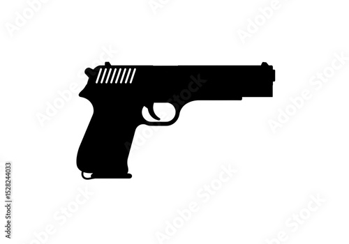 A silhouette of a black handgun with a visible trigger and a white background for contrast design