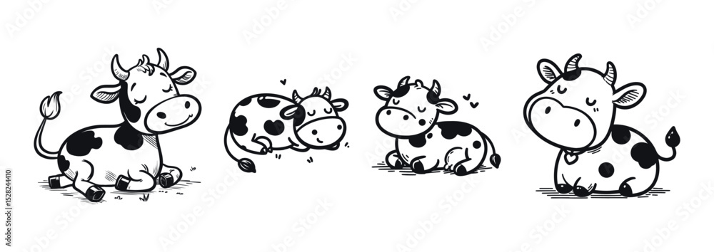 Obraz premium Four cartoon cows in different poses, on transparent background, vector