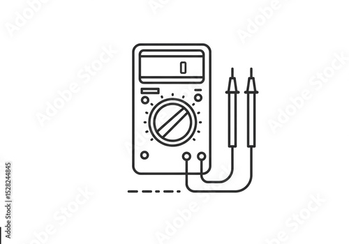 A line drawing of a multimeter with probes showing a reading of zero on the digital display screen
