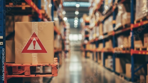 Red warning label on packaged product, symbolizing safety alert and consumer protection, product hazard caution sign for commercial goods.