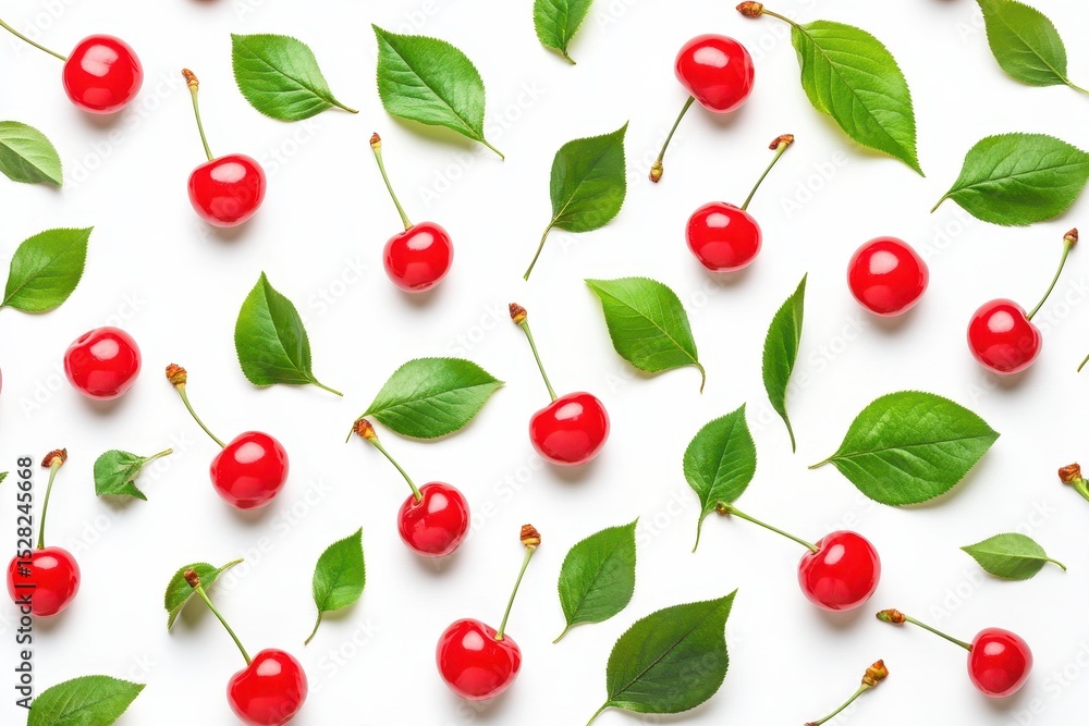 A pattern of ripe red cherries and green leaves, isolated on white background