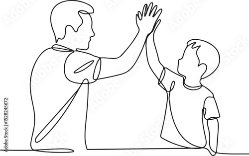 continuous line drawing of a man and child giving a high five on a white background