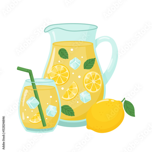 Homemade lemonade vector illustration. Bright flat style illustration with lemonade in a glass jug, glass and whole lemon