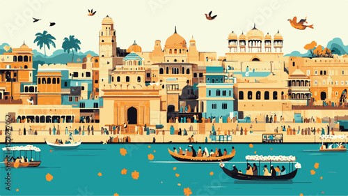 Colorful Islamic Festival Celebration on Riverfront – Traditional Boats, Historical Architecture, and Cultural Cityscape Illustration for Eid, Ramadan, or Hari Raya Themes.