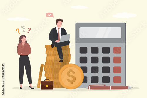 Businessman or accountant use laptop and help businesswoman calculating tax, budget. Corporate tax, fiscal year, document preparation,