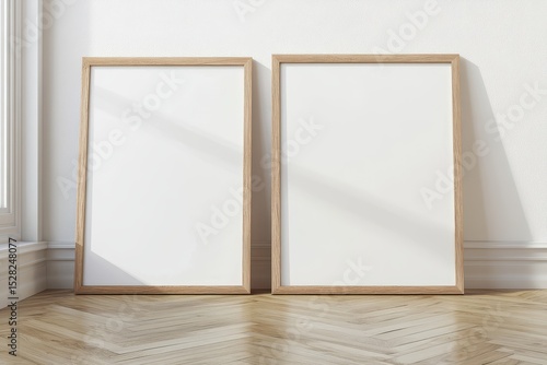Two empty wooden frames lean against a white wall in a minimalist room with a herringbone wood floor