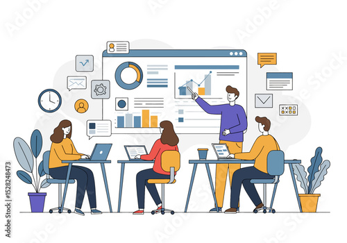 flat vector illustration: A diverse team collaborates around a table, two members lifting a bright lightbulb, symbolizing idea generation and teamwork in a business setting