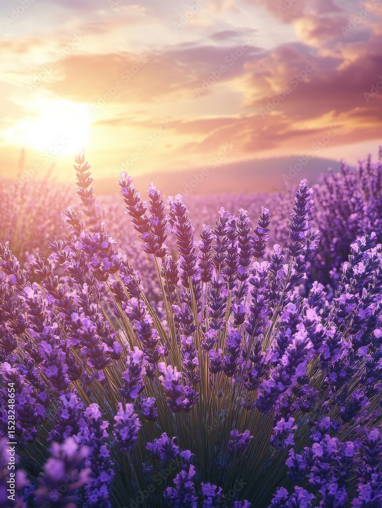 Obraz premium A field of lavender flowers with the sun filtering through clouds in the background