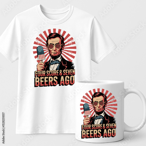 Four Score and Seven Beers Ago Abraham Lincoln Funny Patriotic Beer Design – Retro Humor T-Shirt and Mug