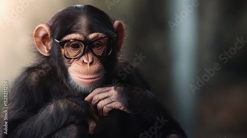A charming chimpanzee wearing glasses caught in a thoughtful pose, exhibiting a blend of intelligence and humor that captivates viewers with its quirky personality.
