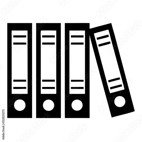 Office binders collection for document storage. Four black ring binders stand upright, one leaning.  Neat binders are perfect for organization and archiving.