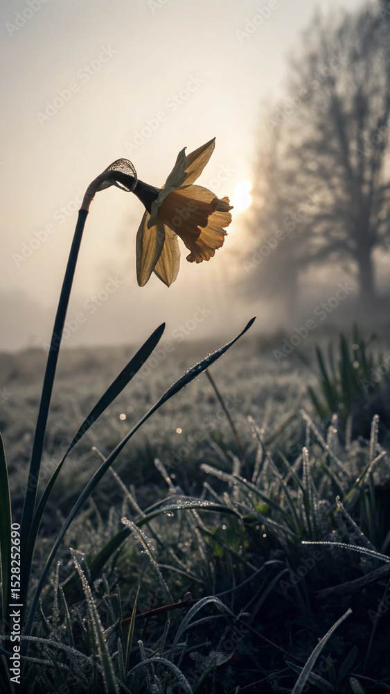 Naklejka premium Delicate daffodil blossom in a field of frosty grass under the soft sunrise glow