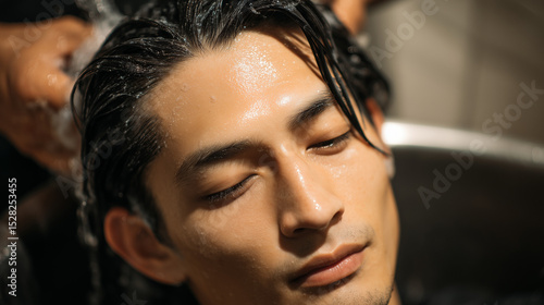 Japanese man 26 years old getting a hair wash at a modern barber sink station