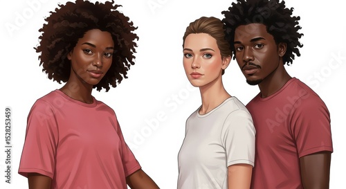 Three people standing together wearing t shirts with a white background in a digital illustration