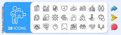Lgbt, Time hourglass and Heart line icons. Interest rate, AI generate, Inflation icons. Pack of Question button, Hold heart, Analysis app icon. Digestion, Messenger mail, Puzzle pictogram. Vector