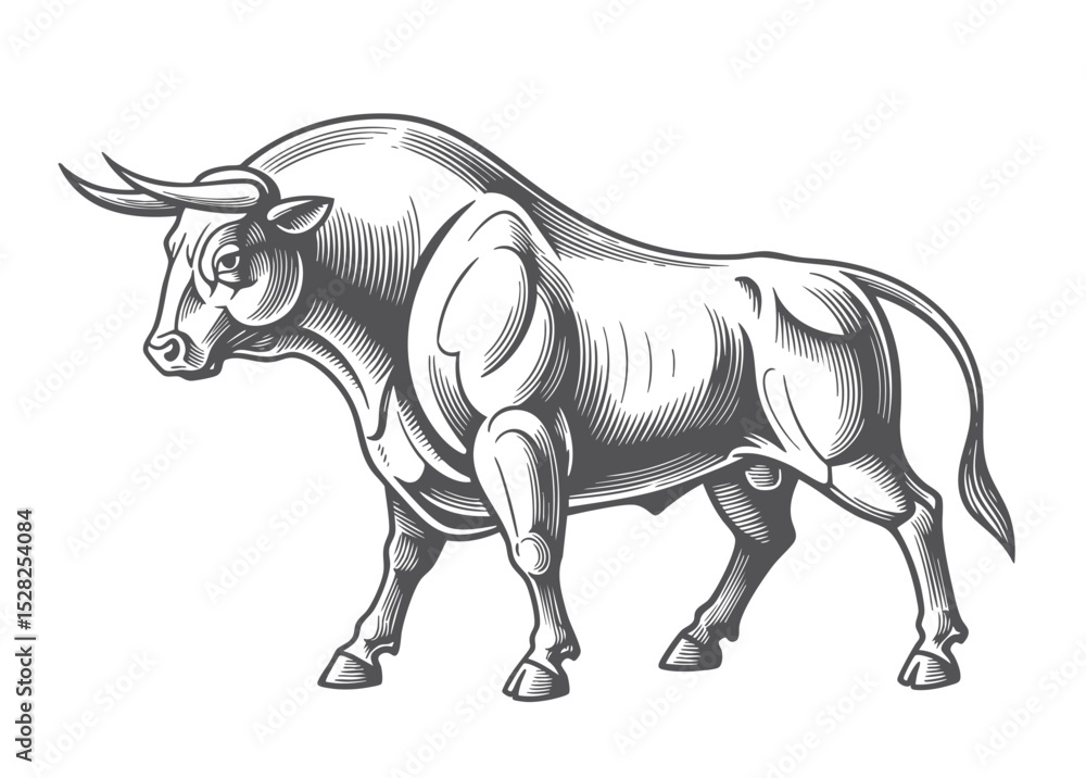 Fototapeta premium muscular bull in mid-charge, capturing strength, aggression, and motion in a bold style sketch engraving illustration. Scratch board