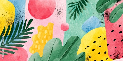 Colorful painting of a tropical scene with a variety of fruits and vegetables.