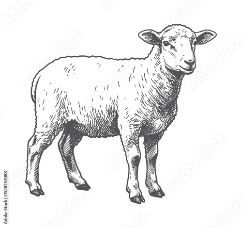 standing sheep in sketch style. Wool, lamb symbol. Farm animal vintage vector illustration