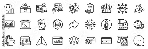 Market seller, Inflation and Statistics line icons pack. Share, Message, Paper plane icons. Money calendar, Robbery, Wallet web icon. Bid offer, Card, Dao pictogram. Vector