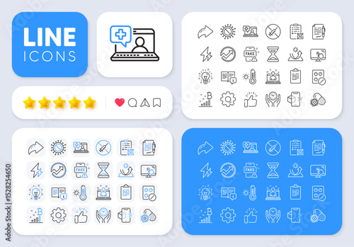 No vaccine, Manual and Augmented reality line icons for web app. Message, Share, Like social media icons. Pack of Fake news, Medical tablet, Bitcoin graph pictogram icons. Vector