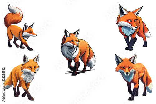 Red fox (Vulpes vulpes) Red walking fox with puffy tail, Cute cunning forest animal, An illustration of a red fox with a white chest and tail walking against a white background