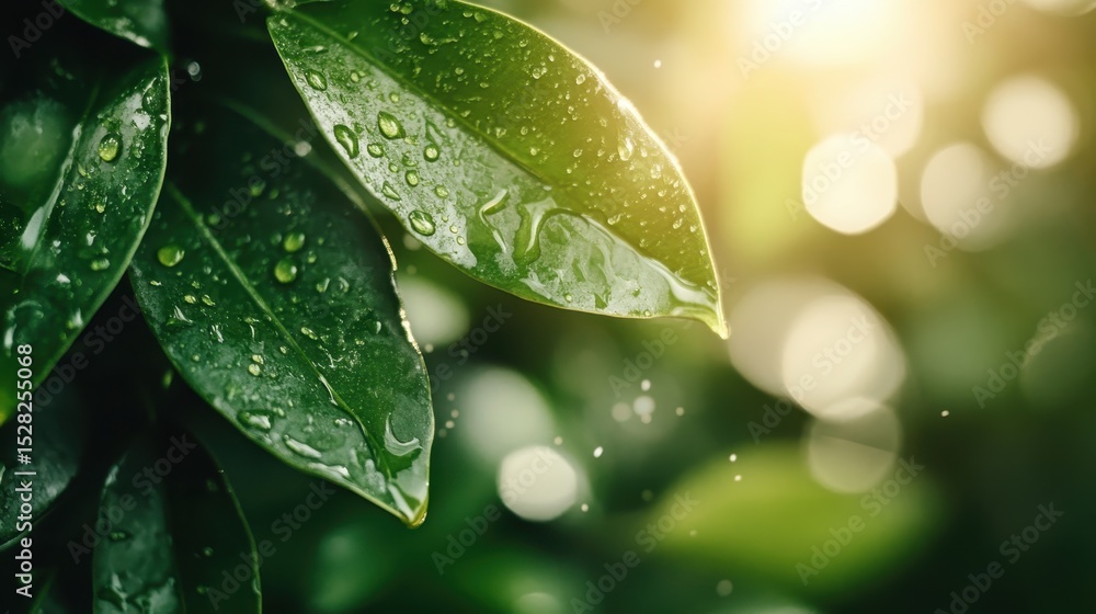 Fototapeta premium Close-up of vibrant green leaves adorned with sparkling droplets of water, capturing the essence of freshness and vitality in nature during a sunny morning.
