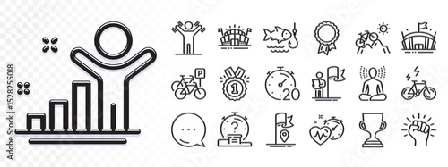 Flag, Leadership and Yoga line icons for web app. Glare of light effect. Message icon. Pack of Approved, Cardio training, Success pictogram icons. Quiz, Mountain bike, Bicycle parking signs. Vector